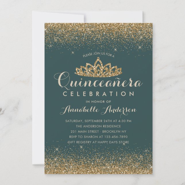 Glam Emerald Grönt Quinceañera Guld Tiara Glitter Inbjudningar (Framsida)