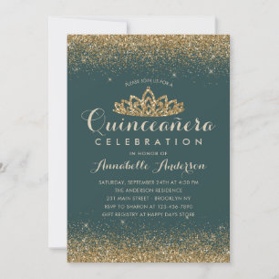 Glam Emerald Grönt Quinceañera Guld Tiara Glitter Inbjudningar