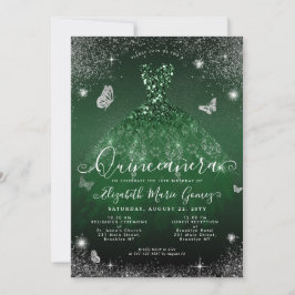 Glam Emerald Grönt Silver Glitter Gown Quinceanera Inbjudningar