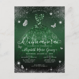 Glam Emerald Grönt Silver Glitter Gown Quinceanera Vykort