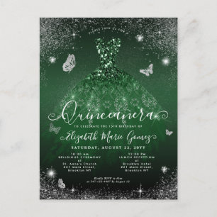 Glam Emerald Grönt Silver Glitter Gown Quinceanera Vykort
