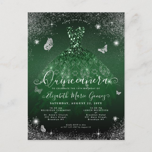 Glam Emerald Grönt Silver Glitter Gown Quinceanera Vykort (Framsida)