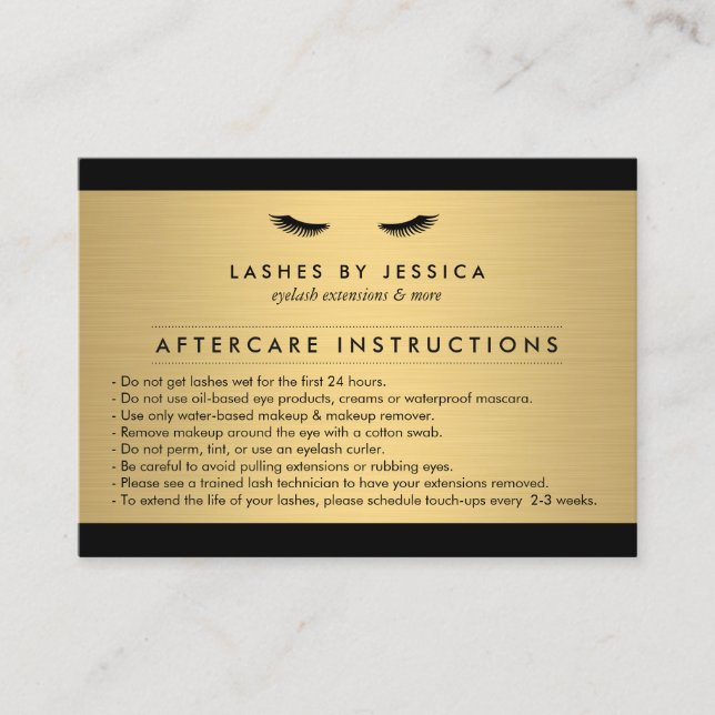 Glam Eyelash Black and Guld Aftercare Card Visitkort (Framsida)