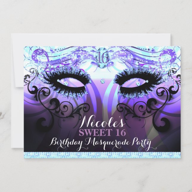 Glam Eyelash Lila Masqueraparts inbjudningar (Framsida)