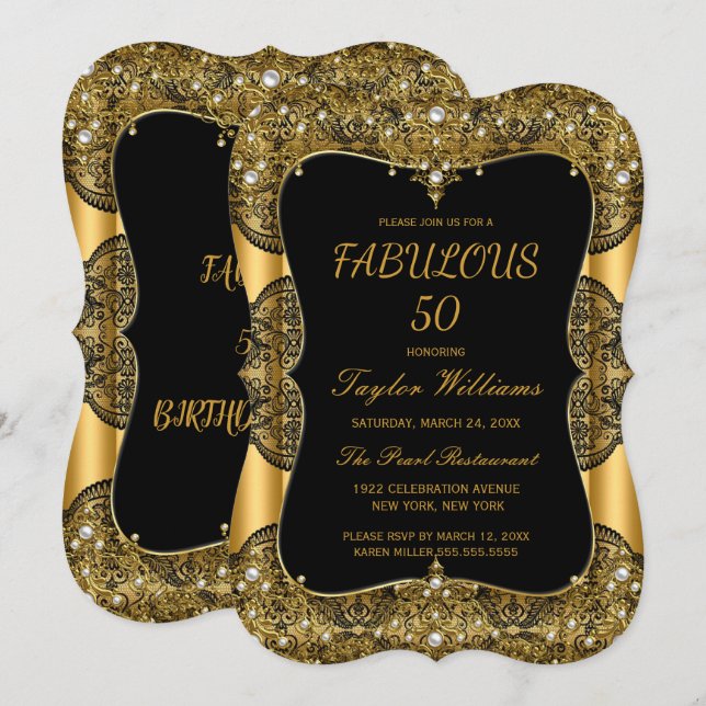 Glam Fabulous 50 Fest Black Spets Pärl Guld Inbjudningar (Fram/baksida)