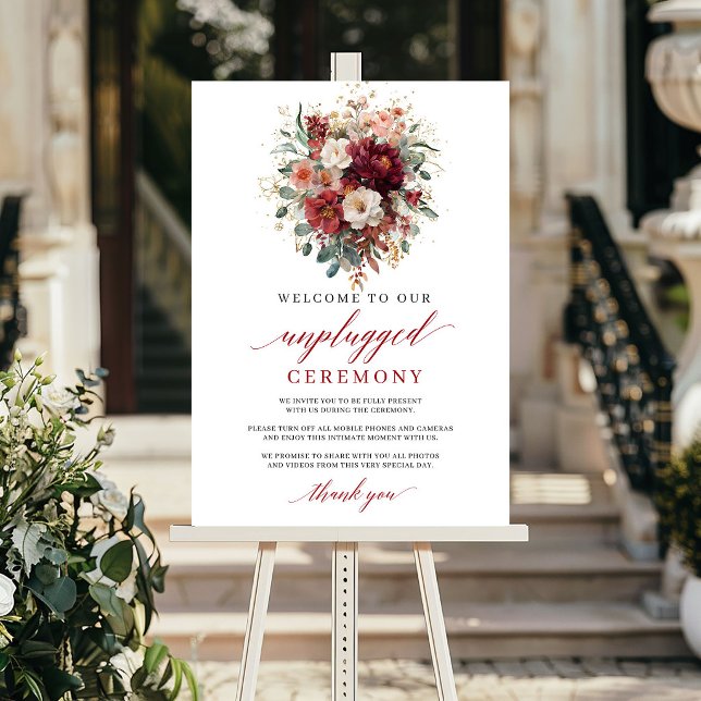 Glam Fall Burgundy Blommig Avstängd Ceremoni-skylt Poster (Glam Fall Burgundy Floral Unplugged Ceremony Sign

)