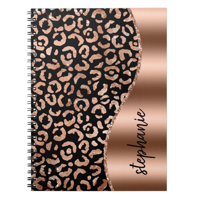 Glam Faux Foil Leopard Spots Ro Guld Black Namn Anteckningsbok (Framsidan)