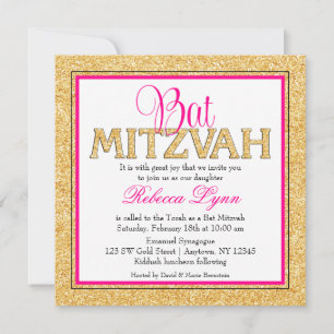 Glam Faux Glitter Guld Rosa Bat mitzvah Inbjudningar