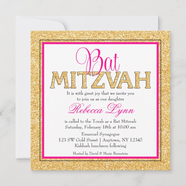 Glam Faux Glitter Guld Rosa Bat mitzvah Inbjudningar (Framsida)