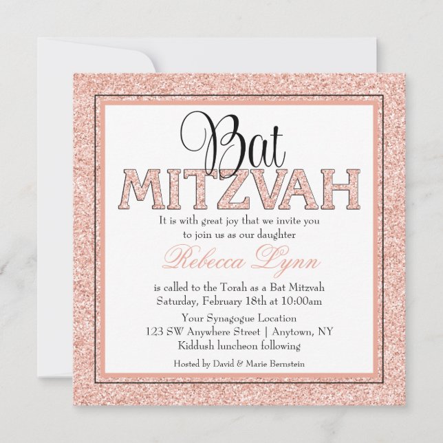 Glam Faux Glitter Ro Guld, Bat mitzvah inbjudan (Framsida)