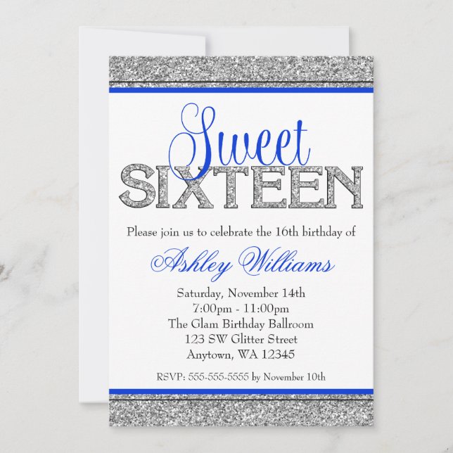 Glam Faux Glitter Silver Blue Sweet 16 Inbjudningar (Framsida)