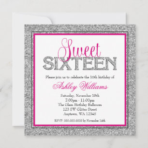 Glam Faux Glitter Silver Hot Pink Sweet 16 Inbjudningar