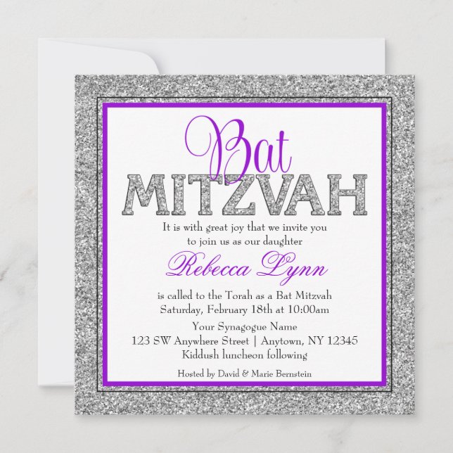 Glam Faux Glitter Silver Lila Bat Mitzvah Inbjudningar (Framsida)