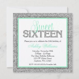 Glam Faux Glitter Silver Mint Seafoam Sweet 16 Inbjudningar