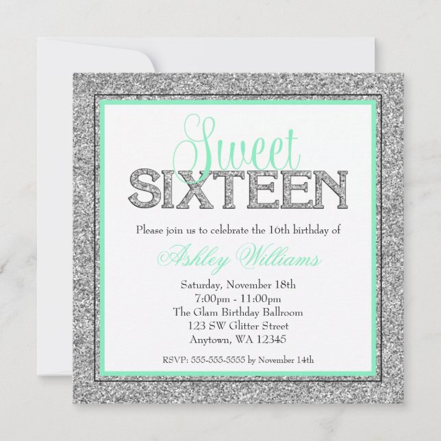 Glam Faux Glitter Silver Mint Seafoam Sweet 16 Inbjudningar (Framsida)