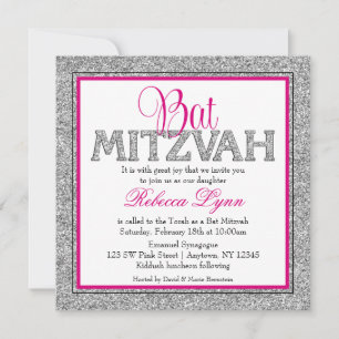 Glam Faux Glitter Silver Rosa Bat Mitzvah Inbjudningar