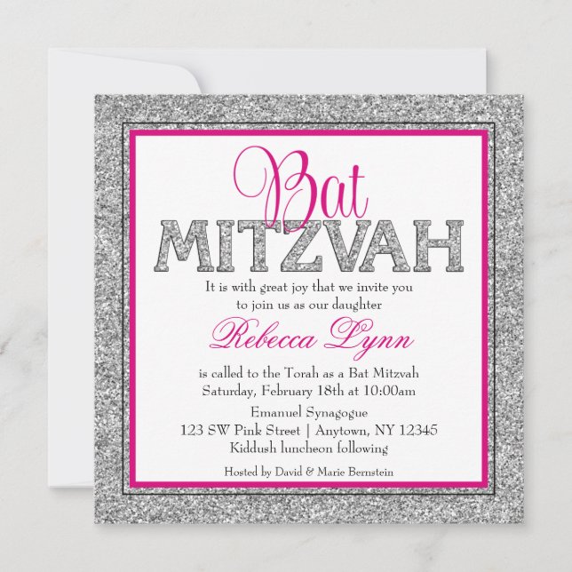 Glam Faux Glitter Silver Rosa Bat mitzvah Inbjudningar (Framsida)