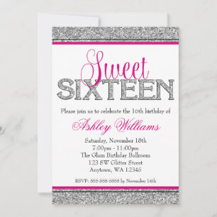 Glam Faux Glitter Silver Shock rosa Sweet 16 Inbjudningar