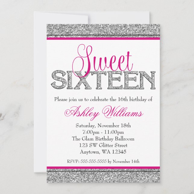 Glam Faux Glitter Silver Shock rosa Sweet 16 Inbjudningar (Framsida)