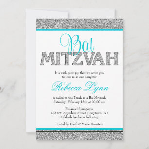 Glam Faux Glitter Silver Teal Blue Bat mitzvah Inbjudningar