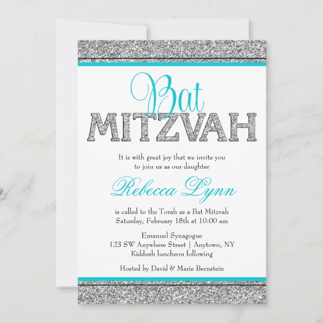 Glam Faux Glitter Silver Teal Blue Bat mitzvah Inbjudningar (Framsida)