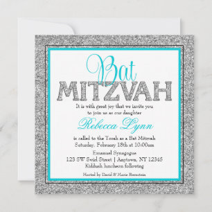 Glam Faux Glitter Silver Teal Blue Bat mitzvah Inbjudningar