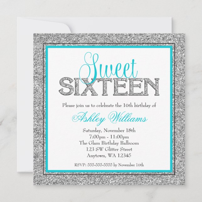 Glam Faux Glitter Silver Teal Blue Sweet 16 Inbjudningar (Framsida)