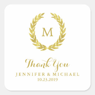 Glam Faux Gold Foil Laurel-utandning Monogram Bröl Fyrkantigt Klistermärke
