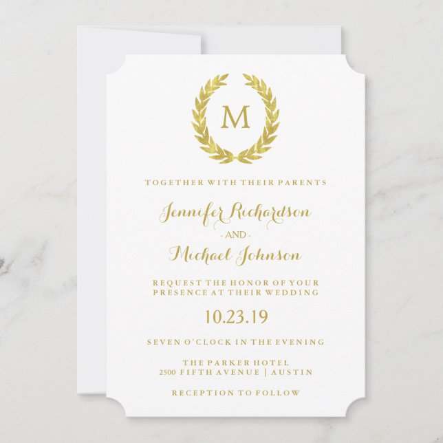Glam Faux Gold Foil Laurel-utandning Monogram Bröl Inbjudningar (Framsida)