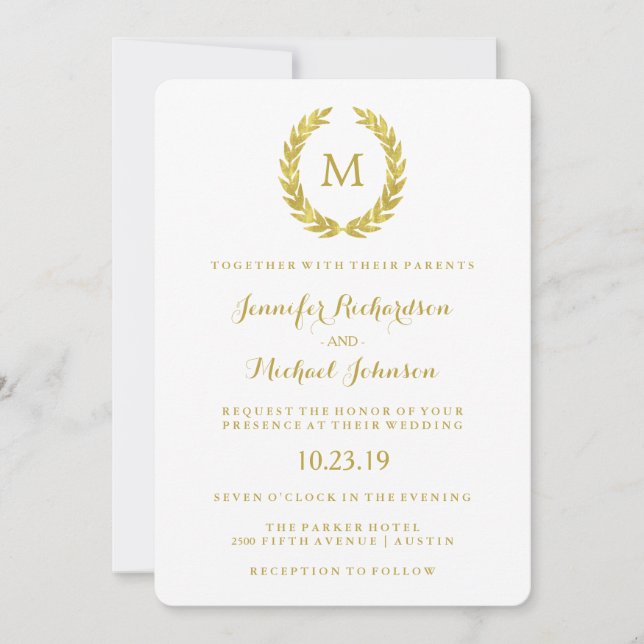 Glam Faux Gold Foil Laurel-utandning Monogram Bröl Inbjudningar (Framsida)