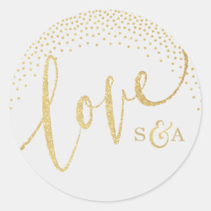 Glam faux guld glitter calligraphy kärlek monogram runt klistermärke