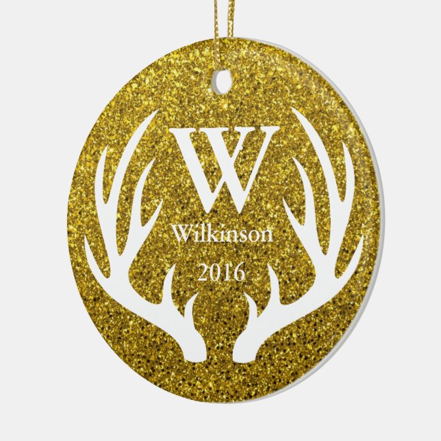 Glam Faux Guld Glitter Hjort Antlers Family Namn Julgransprydnad Keramik (Vänster)