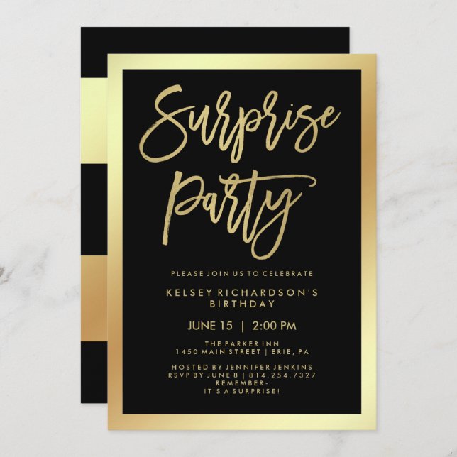 Glam Faux Guld Typografi och Black Surprise Party Inbjudningar (Fram/baksida)