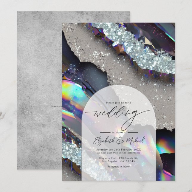 Glam Faux Holografisk Agat Geod Bröllops QR-kod Inbjudningar (Fram/baksida)