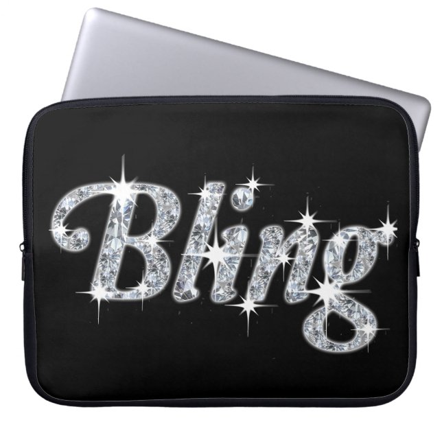 Glam faux silver diamonds Bling text på svart Laptop Sleeve (Framsidan)
