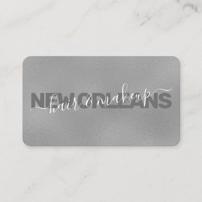 Glam Faux Silver Foil Calligraphy Hair Stylist Visitkort (Framsida)