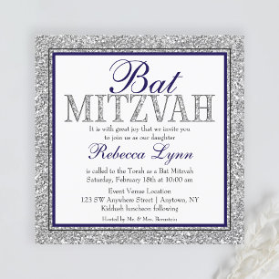 Glam Faux Silver marblå Bat mitzvah vid Glitter Inbjudningar