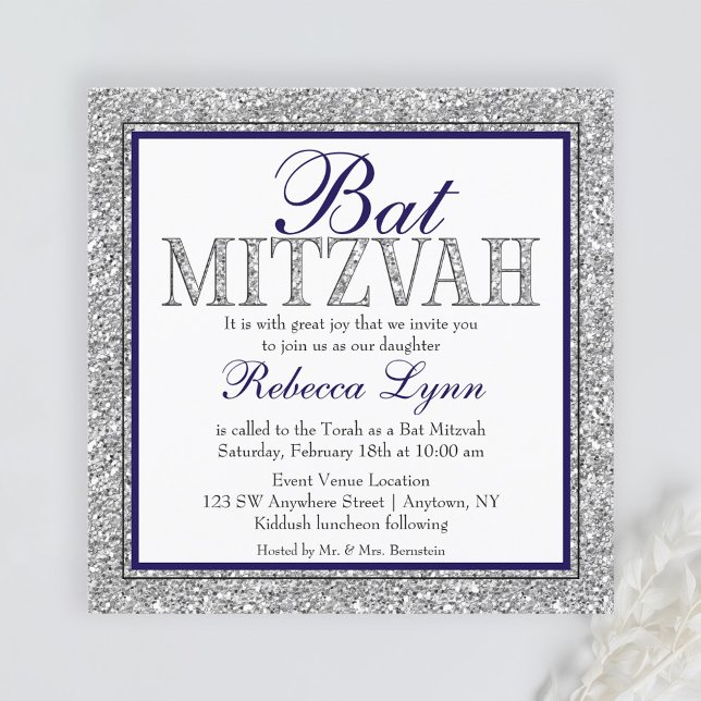 Glam Faux Silver marblå Bat mitzvah vid Glitter Inbjudningar (Skapare uppladdad)