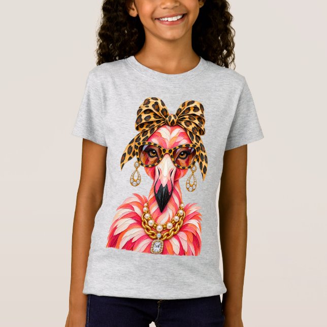 "Glam Flamingo Leopardtryck Pärla Halsband  T Shirt (Framsida)