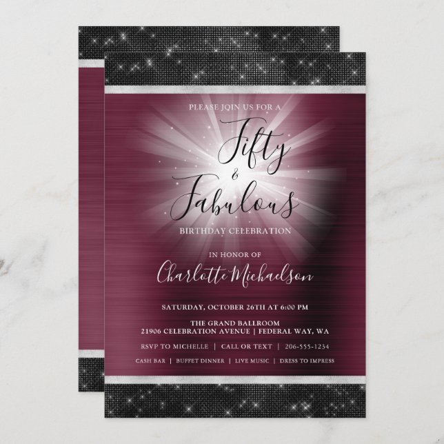 Glam för femtio och Fabulous Burgundy Black Gnistr Inbjudningar (Fram/baksida)