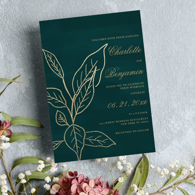 Glam Forest grönt guld glitter blommigt löv bröllo Inbjudningar (Glam forest green gold glitter floral leaf wedding)