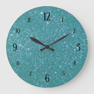Glam från Teal Blue Glitter med svarta siffror Stor Klocka
