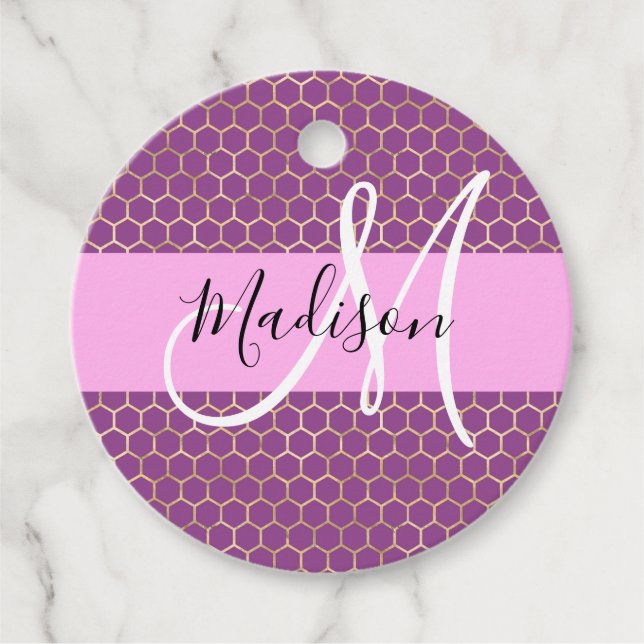 Glam Fuchsia Metallic Rosa Honeycomb Monogram Namn Gåvor Etiketter (Framsida)