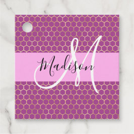 Glam Fuchsia Metallic Rosa Honeycomb Monogram Namn Gåvor Etiketter
