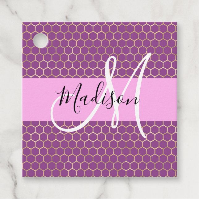 Glam Fuchsia Metallic Rosa Honeycomb Monogram Namn Gåvor Etiketter (Framsida)