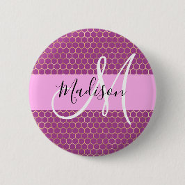 Glam Fuchsia Metallic Rosa Honeycomb Monogram Namn Knapp