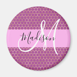 Glam Fuchsia Metallic Rosa Honeycomb Monogram Namn Magnet
