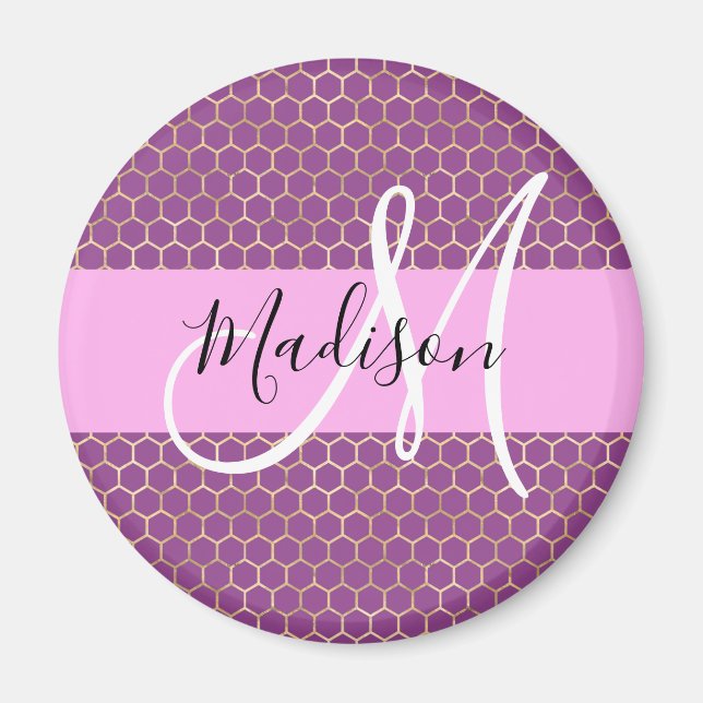 Glam Fuchsia Metallic Rosa Honeycomb Monogram Namn Magnet (Framsidan)