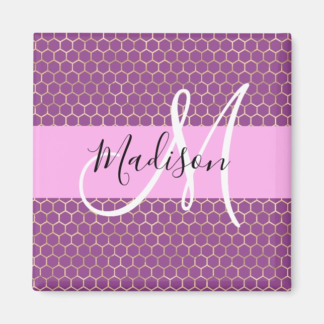 Glam Fuchsia Metallic Rosa Honeycomb Monogram Namn Magnet (Framsidan)