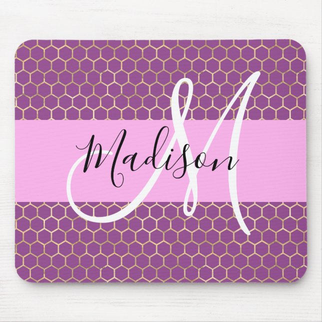 Glam Fuchsia Metallic Rosa Honeycomb Monogram Namn Musmatta (Framsidan)